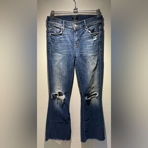 Mother Weekender Fray Hop On Hop Off Wash Mid Rise Wide Leg Flare Denim Jeans 24
